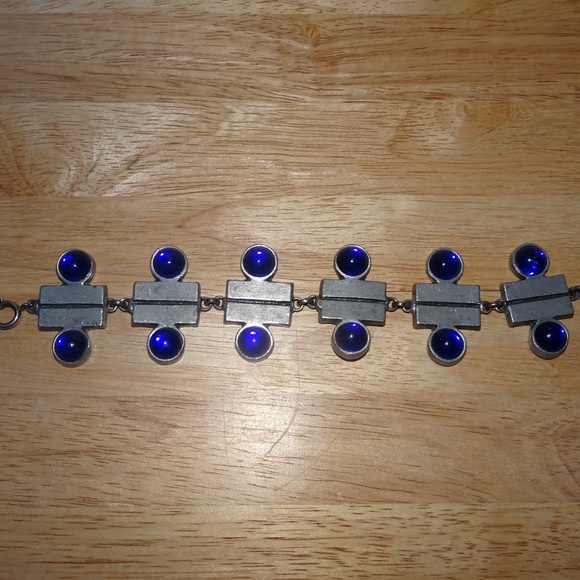 Sweden Pewter Blue Glass Mid Century by Bengt Blomqvist Bracelet - Picture 1 of 6